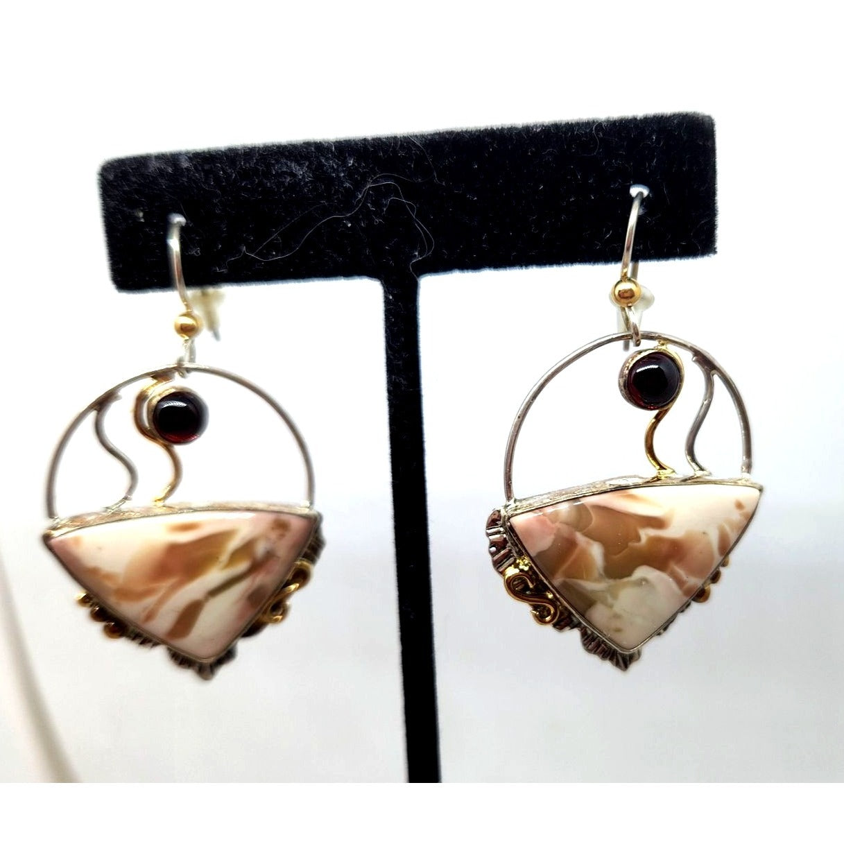 Earrings Handmade Willow Creek Jasper 5 cm Garnet 14K Gold 925 Silver 15.2 gr