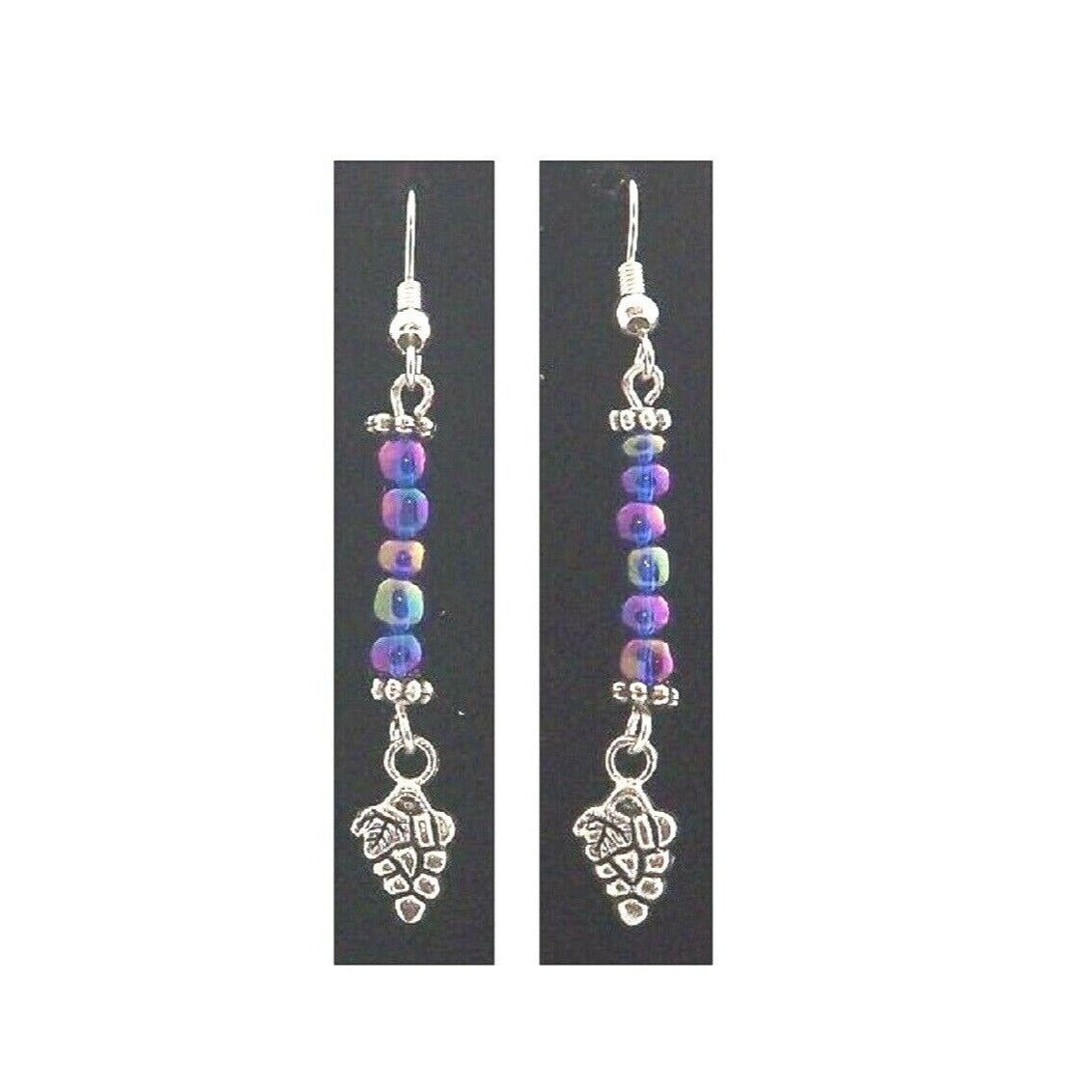 Earrings Small Grape Cluster Wine Charm Sterling Wire Metallic Purple Beads 2"