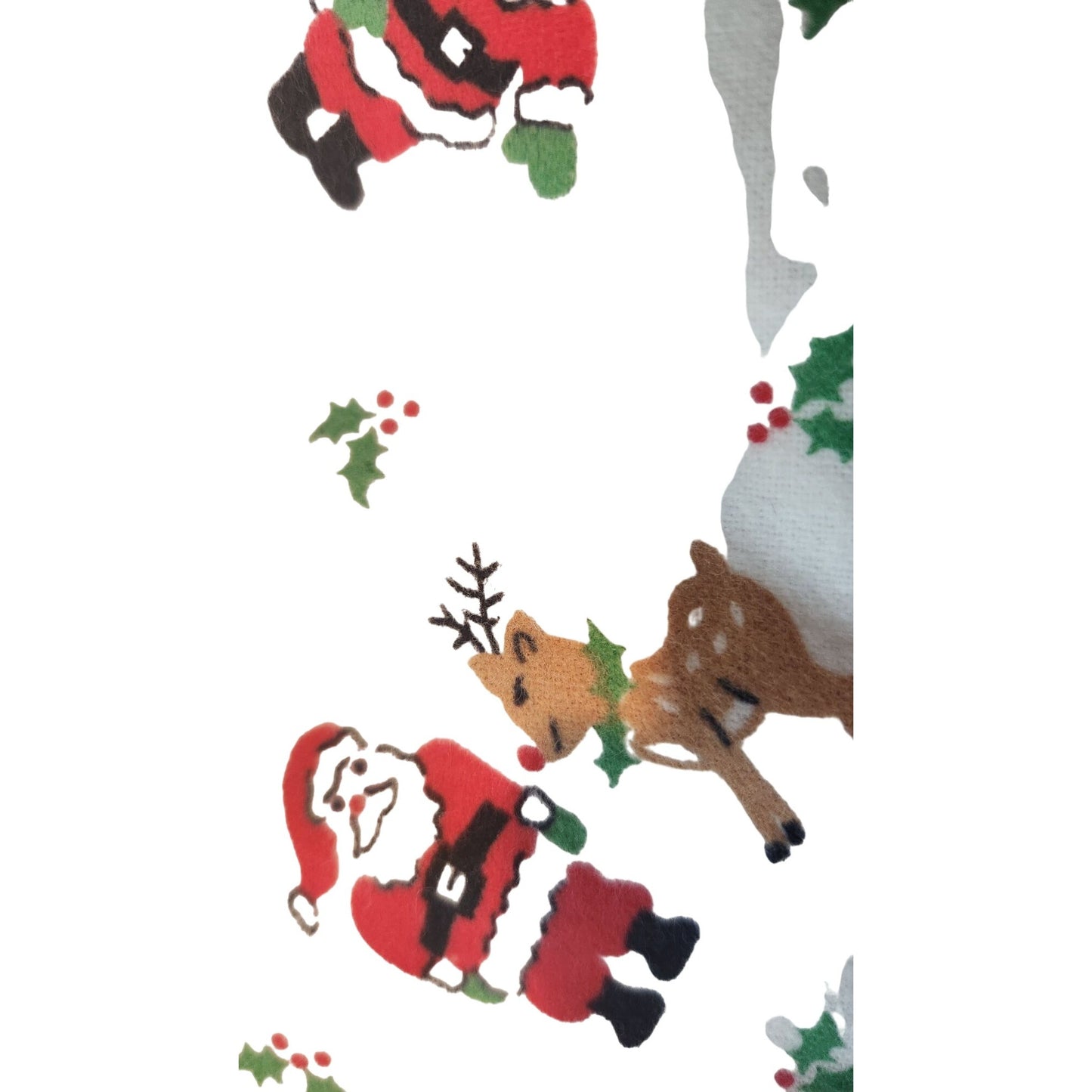 Material Fabric Santa Claus with Gift Sack Reindeer  Holly White Background 36 x 45 1 yard Cotton Flannel Material