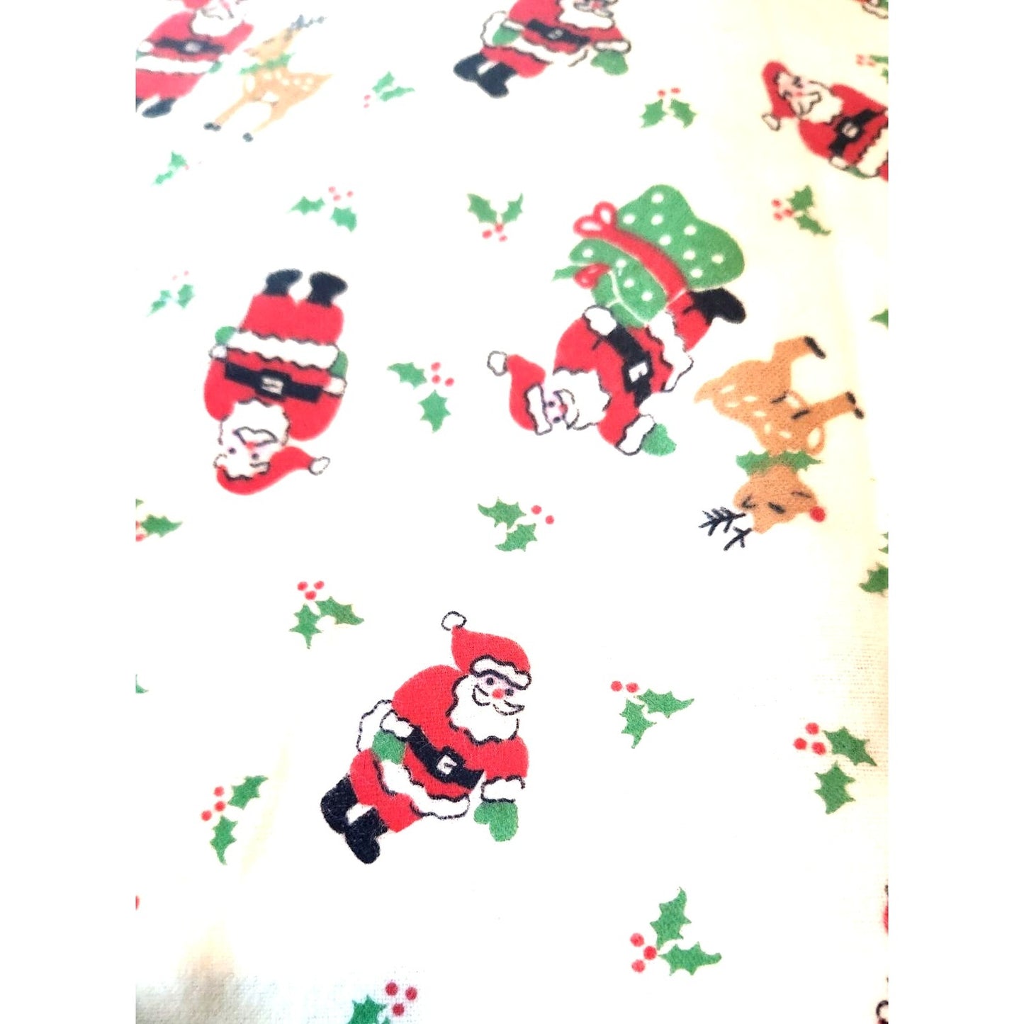 Material Fabric Santa Claus with Gift Sack Reindeer  Holly White Background 36 x 45 1 yard Cotton Flannel Material