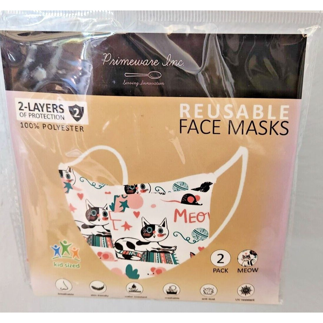 Primeware Mask Meow Cats Design Kids 2 pack 2 layers 100 % Polyester Washable