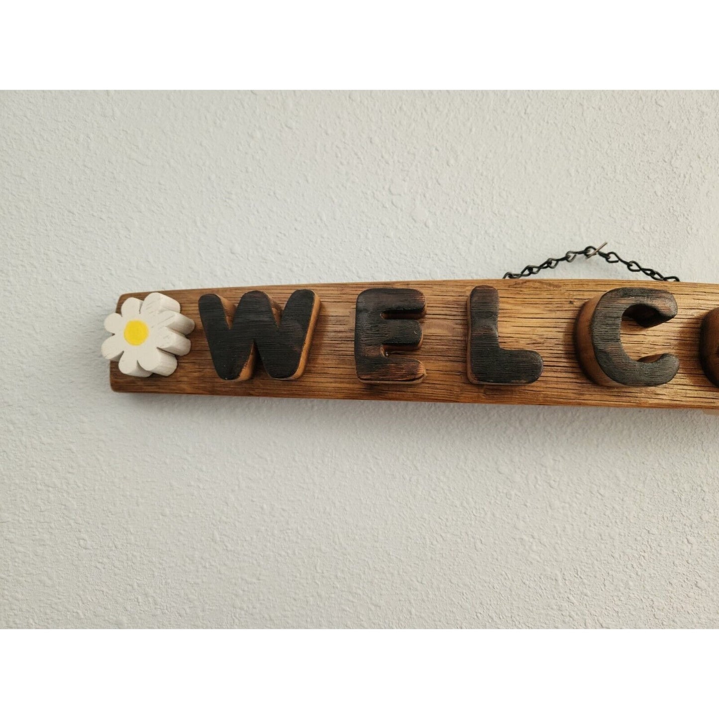 Wood Sign Wine Stave says "Welcome", Flowers on ends Letters Cut from Stave