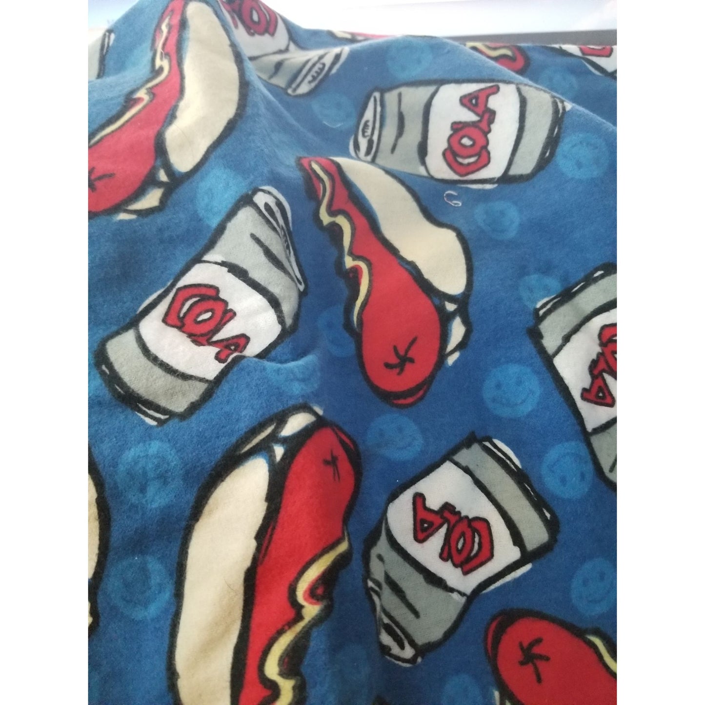 Material Blue Flannel  Hot Dogs Cola Joe Boxer 1998 22 x 22 Light  Craft Quilting