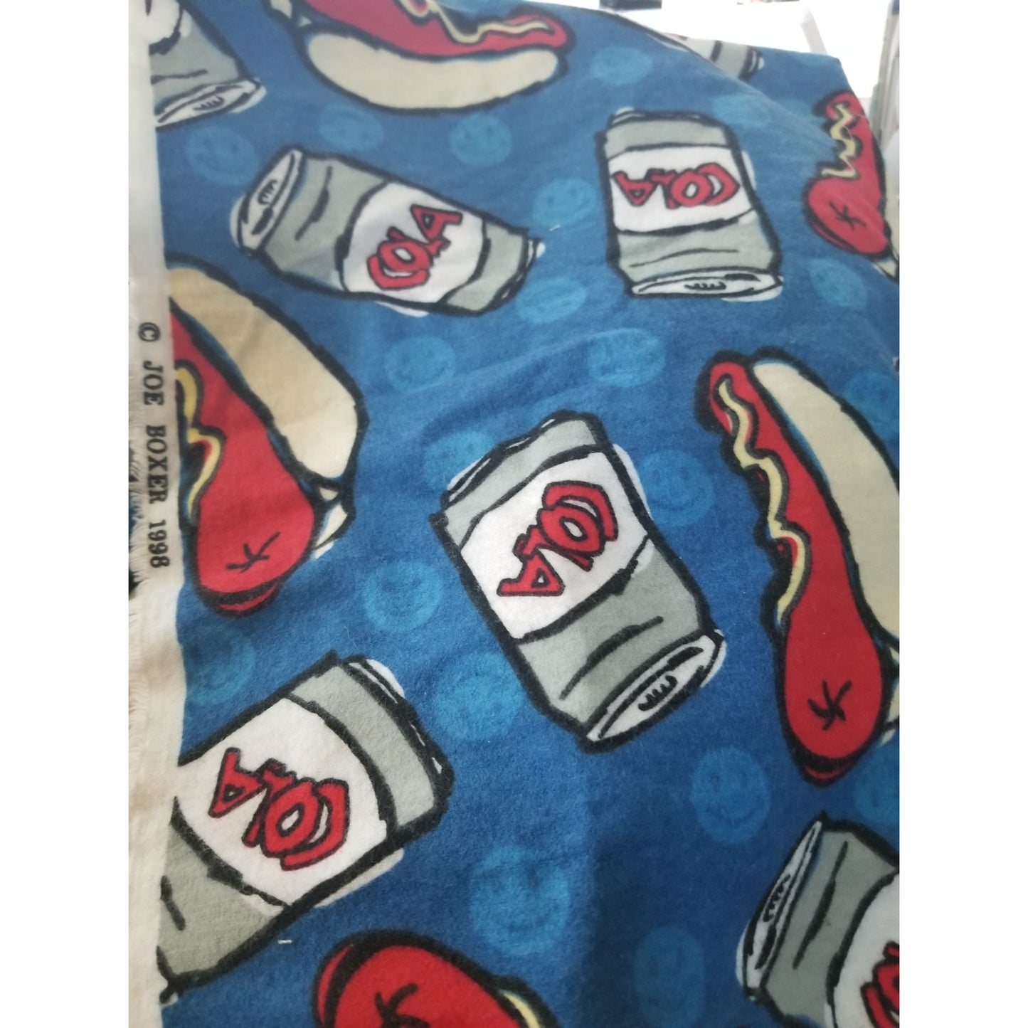 Material Blue Flannel  Hot Dogs Cola Joe Boxer 1998 22 x 22 Light  Craft Quilting