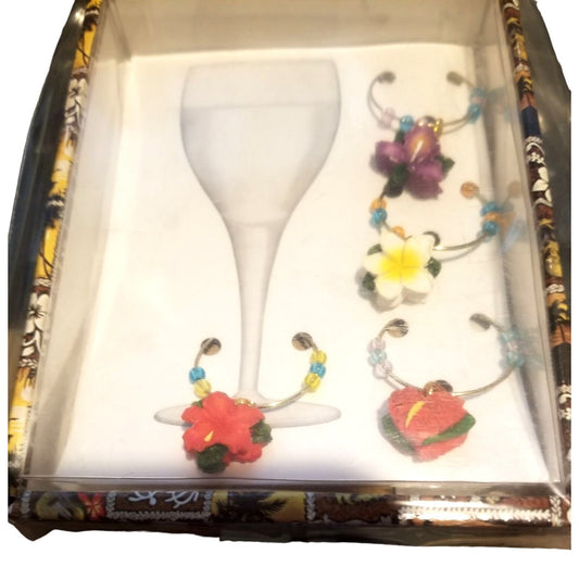 KC Hawaii 4 Wine Charms Flowers Wine Markers