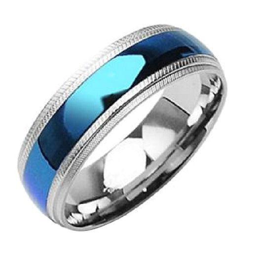 Ring Band 8 MM High Polished Stainless Steel Comfort-Fit Blue Plated Center