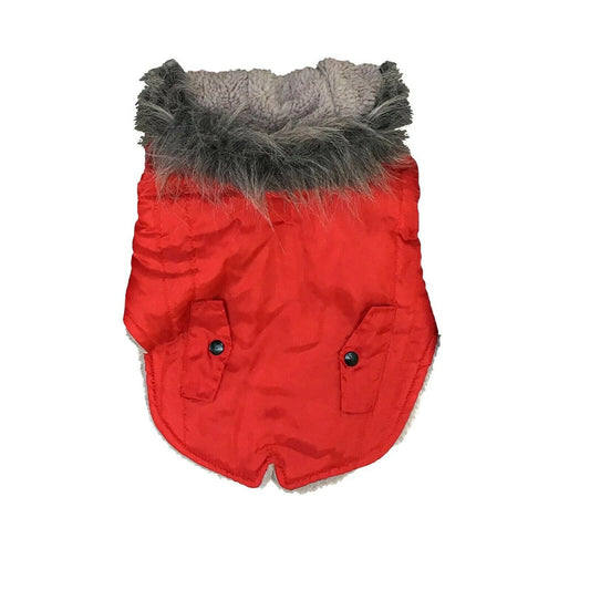 Dog Red Jacket Size Small Woof Pet Puffer Hooded Grey  Lined Fur around Hood
