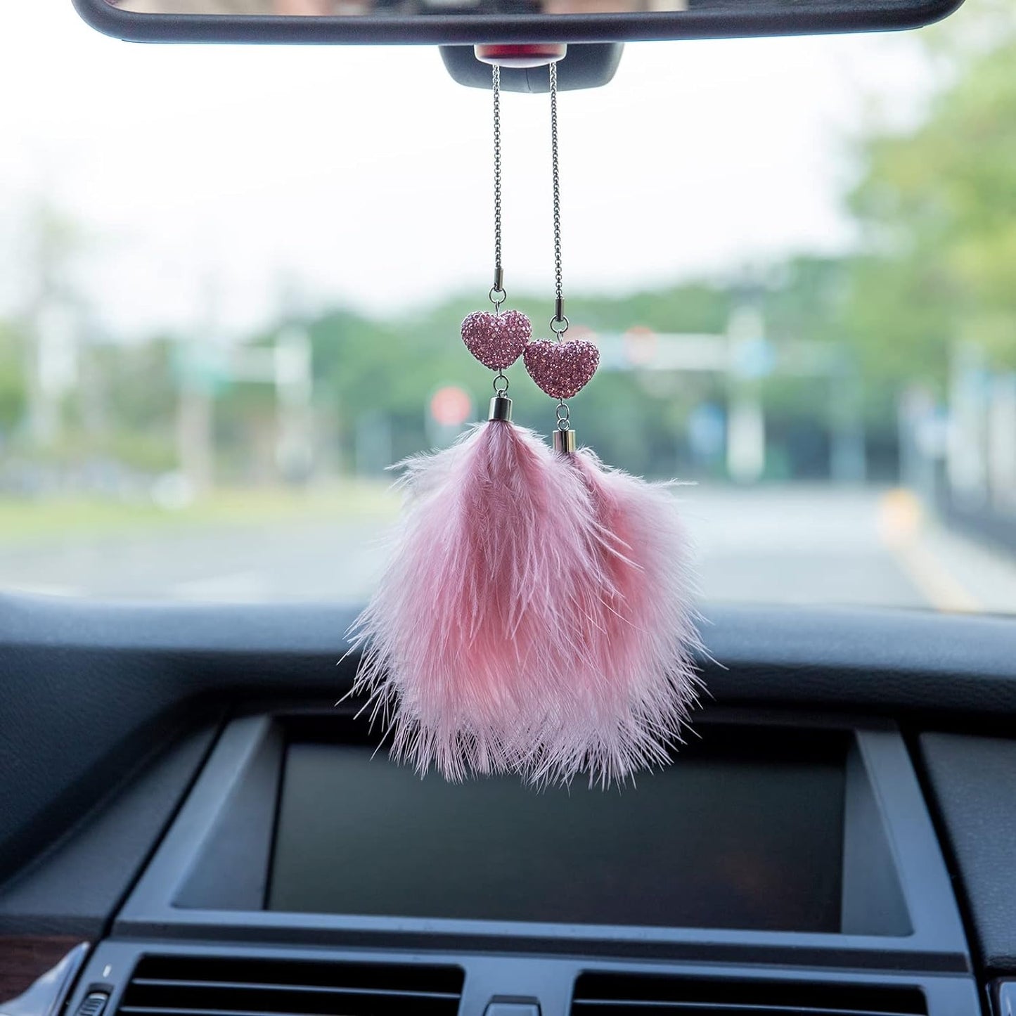 Spurtar Bling Car Mirror Hanging Accessories for Women Shiny Heart Shape Crystal Diamond Car Ornament with Plush Feather Pendant Rearview M