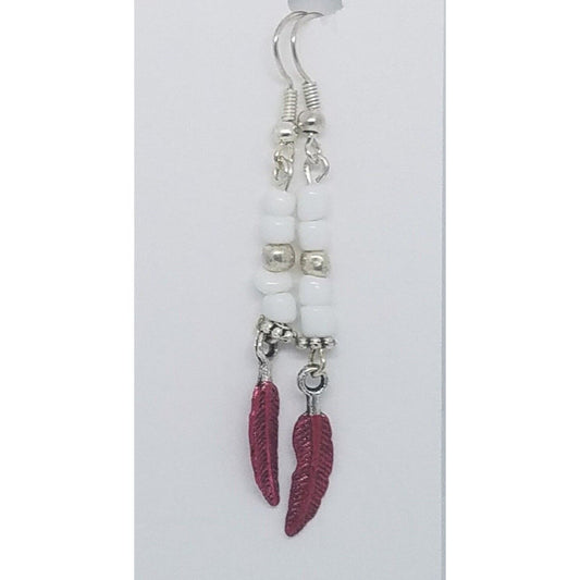 Earrings 1" Painted Red Feather Charm White and Silver Bead Sterling Wire