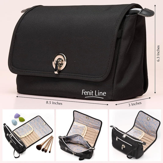 Fenit Line Makeup Bag with Reversible Flap, Portable Cosmetic Bag that Saves Space. Blend Your Makeup Brush Holder & Small Makeup Bag for Pu