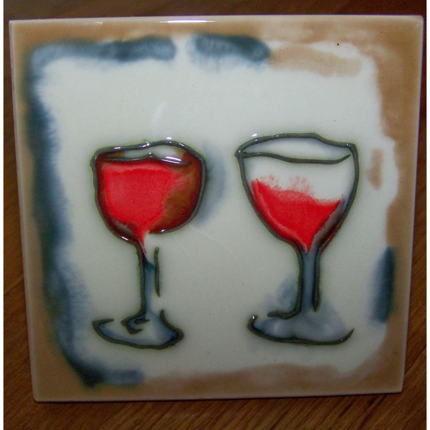 Art Tile 4" x 4" Muddy Waters Hand Painted 7A031 ArtWork on Tile Wine 3 Two Wine Glasses 1/2 " Ceramic Tile and backing