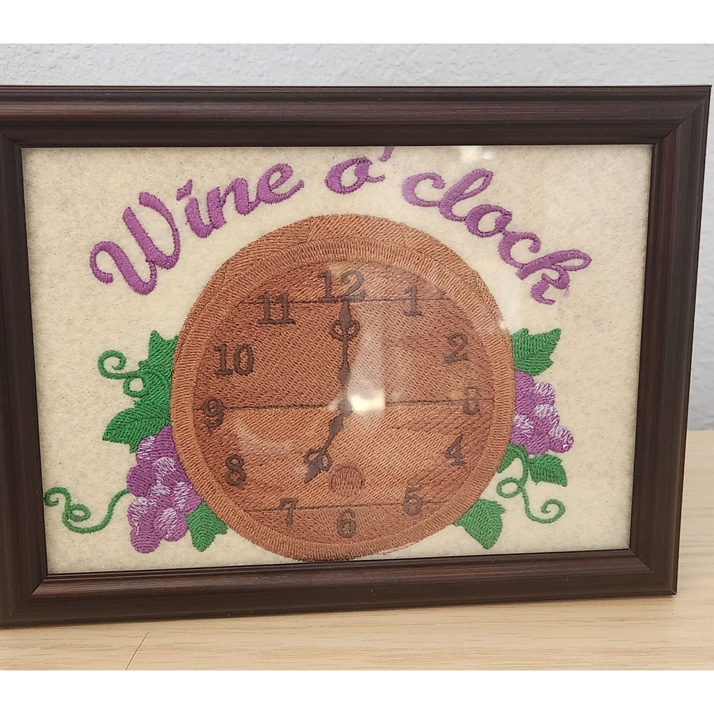 Embroidered 8" x 6" Frame Says Wine O'clock Clock Face Grapes Leaves Harbortown Industries Il.