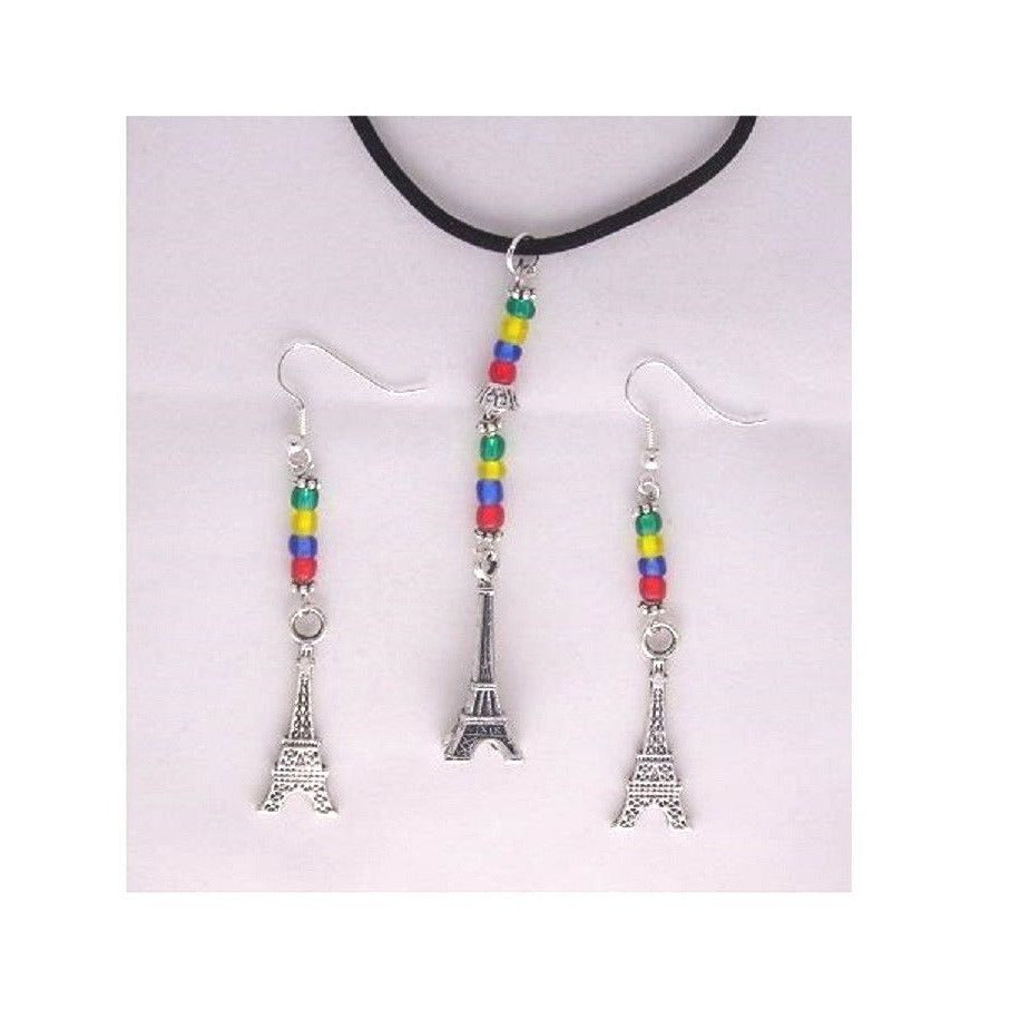 Necklace Earrings Eiffel Tower Charms Red Green Yellow Blue Beads Black Cord