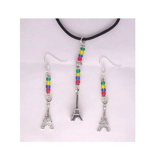 Necklace Earrings Eiffel Tower Charms Red Green Yellow Blue Beads Black Cord