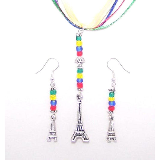 Necklace Earrings 3D Eiffel Tower Charms Red Green Yellow Blue Ribbon Cord Beads