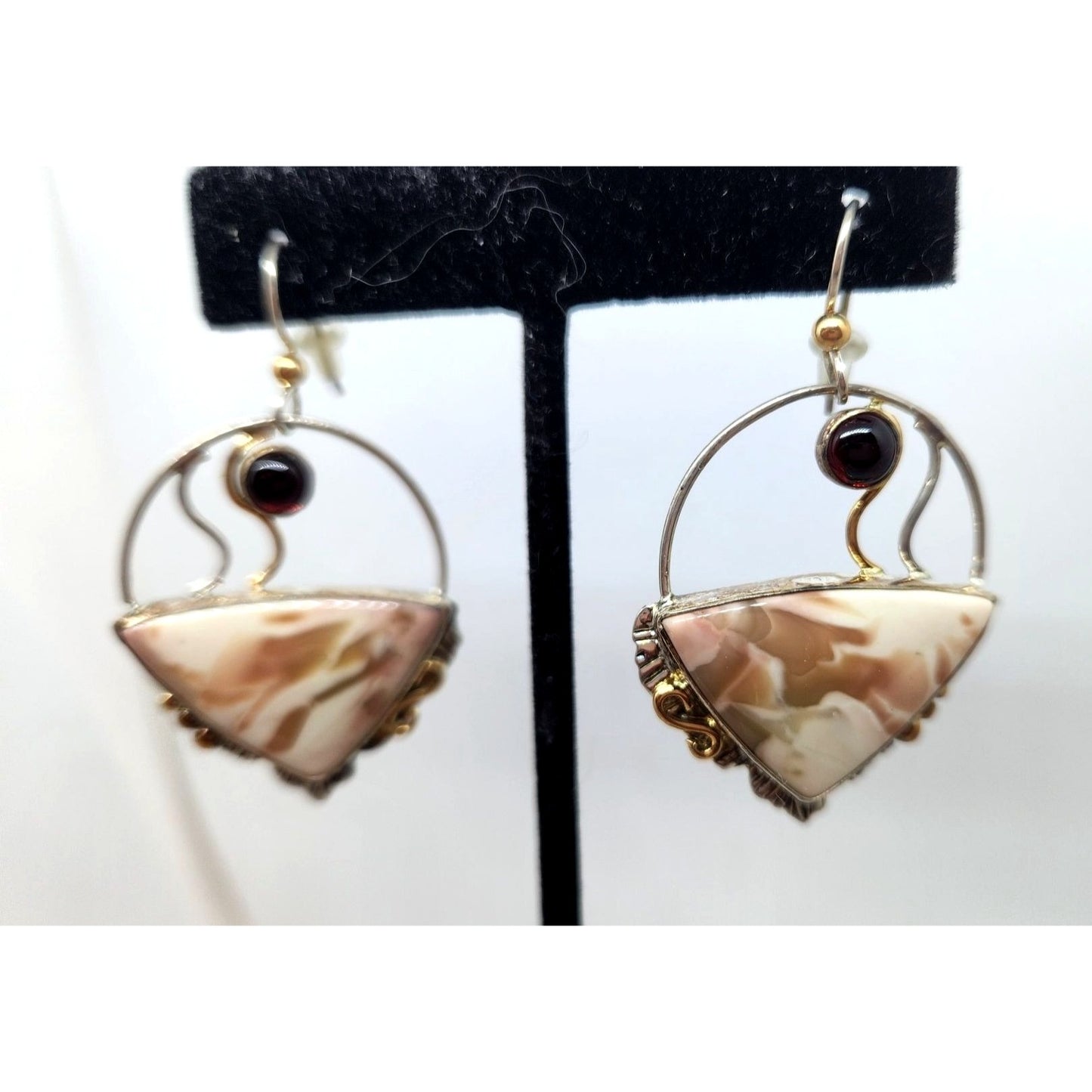 Earrings Handmade Willow Creek Jasper 5 cm Garnet 14K Gold 925 Silver 15.2 gr