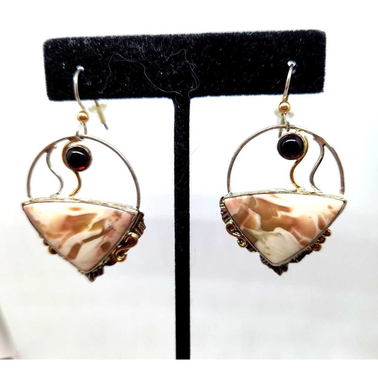 Earrings Handmade Willow Creek Jasper 5 cm Garnet 14K Gold 925 Silver 15.2 gr