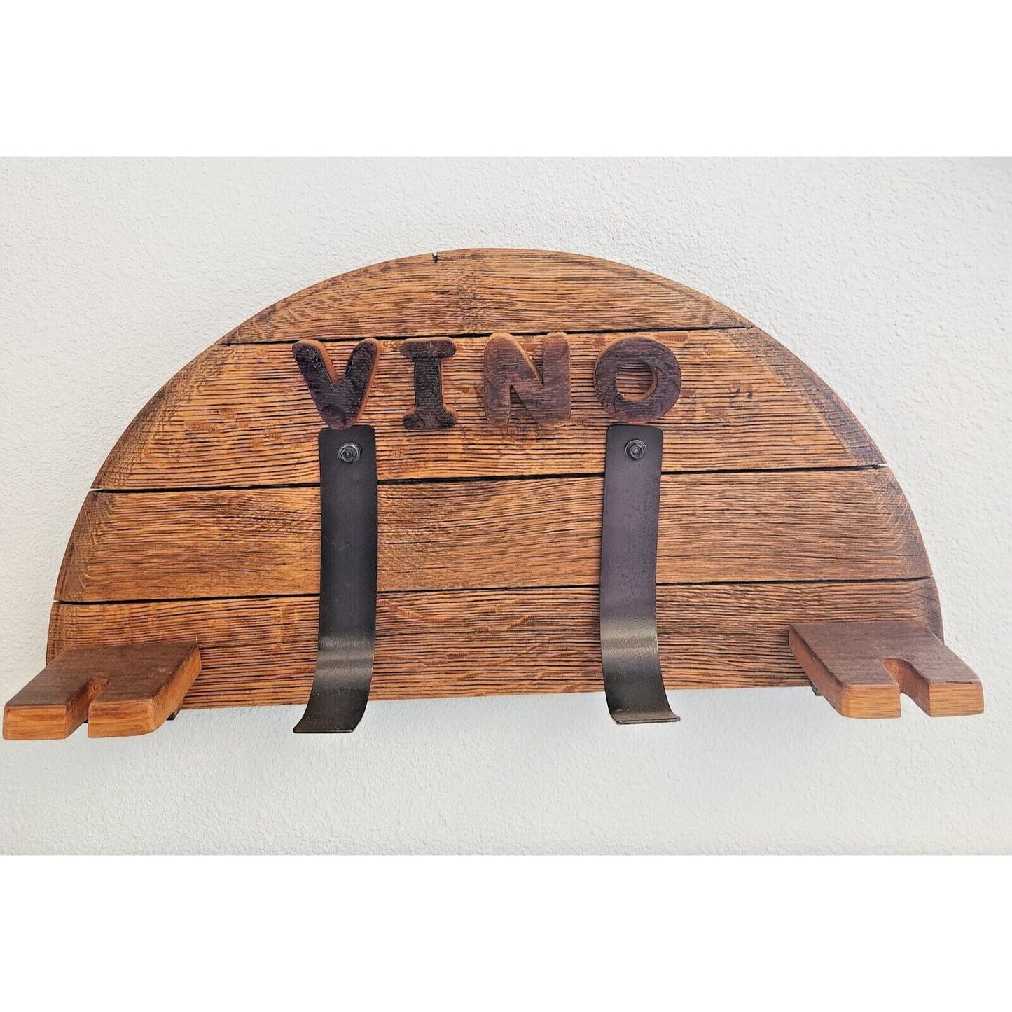 Wood Wine Bottle Holder 1 Bottle Says " Vino" Made from Wine Barrel Stave Ring