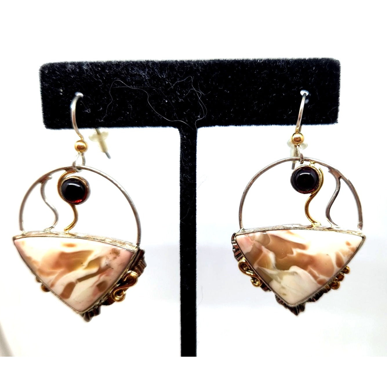 Earrings Handmade Willow Creek Jasper 5 cm Garnet 14K Gold 925 Silver 15.2 gr