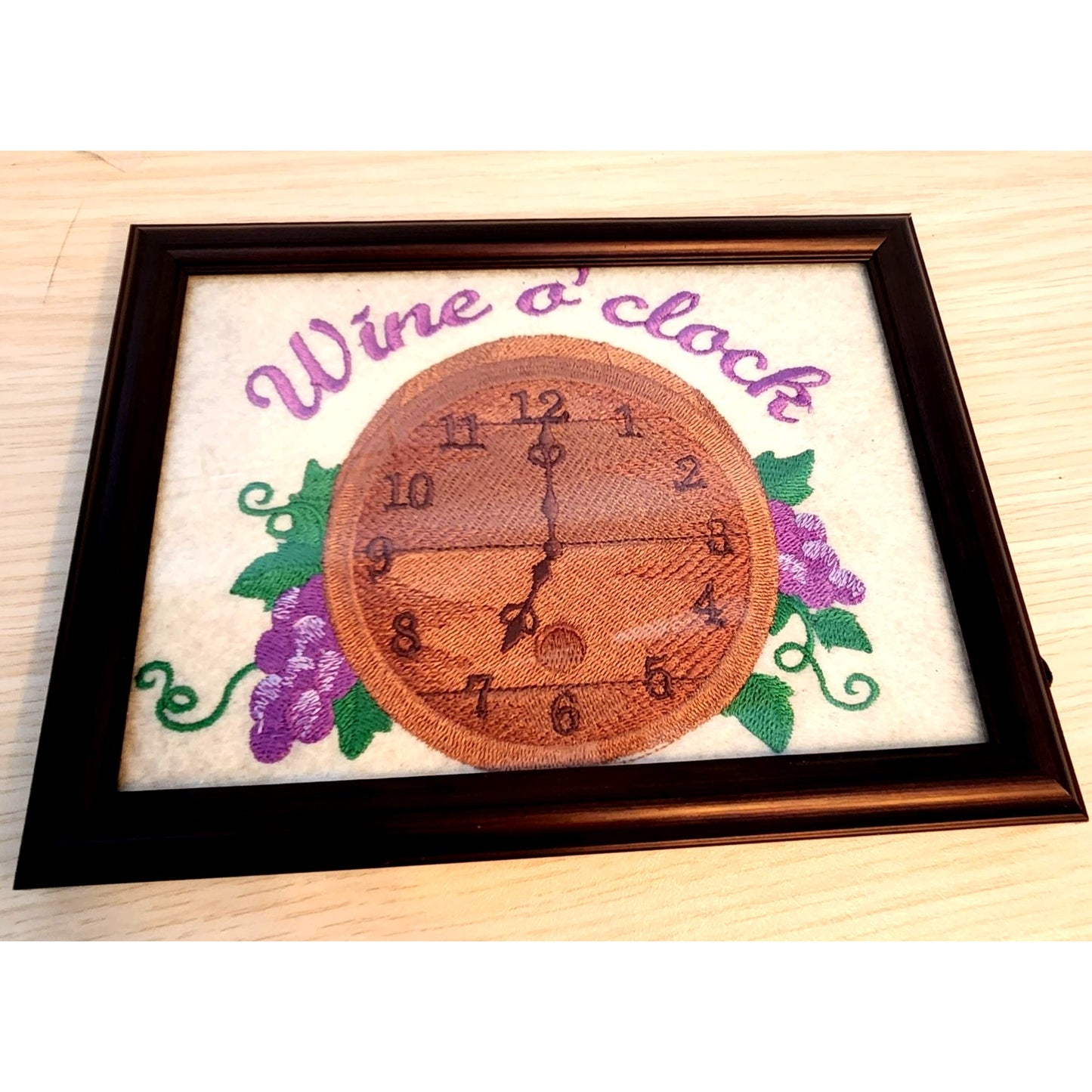 Embroidered 8" x 6" Frame Says Wine O'clock Clock Face Grapes Leaves Harbortown Industries Il.