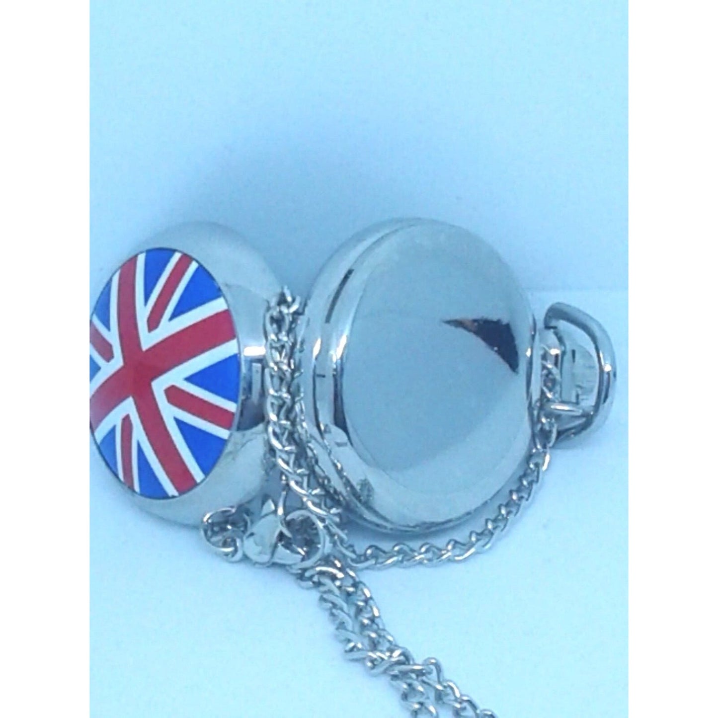 Watch Silver Necklace Locket Pocket Watch Style Mirror British Flag 30" Chain