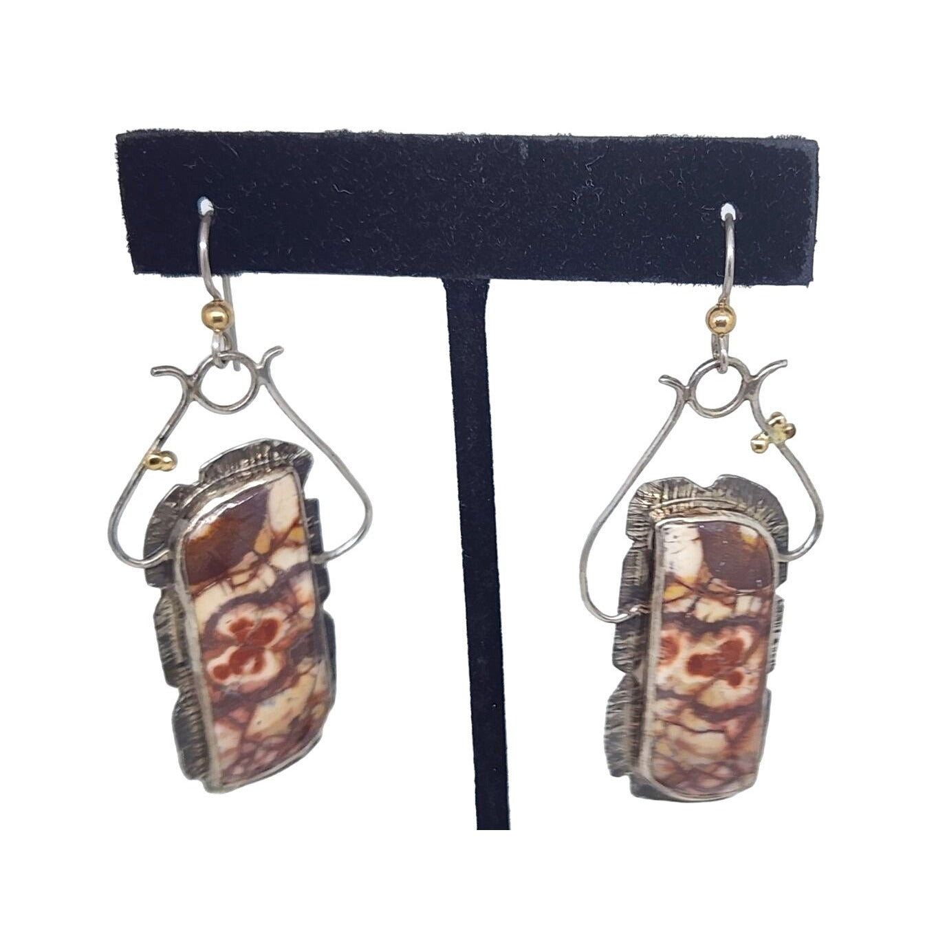 Birdseye Jasper Earrings Gold Accents 20 Gr 925 Silver 14K Gold Silver Hooks