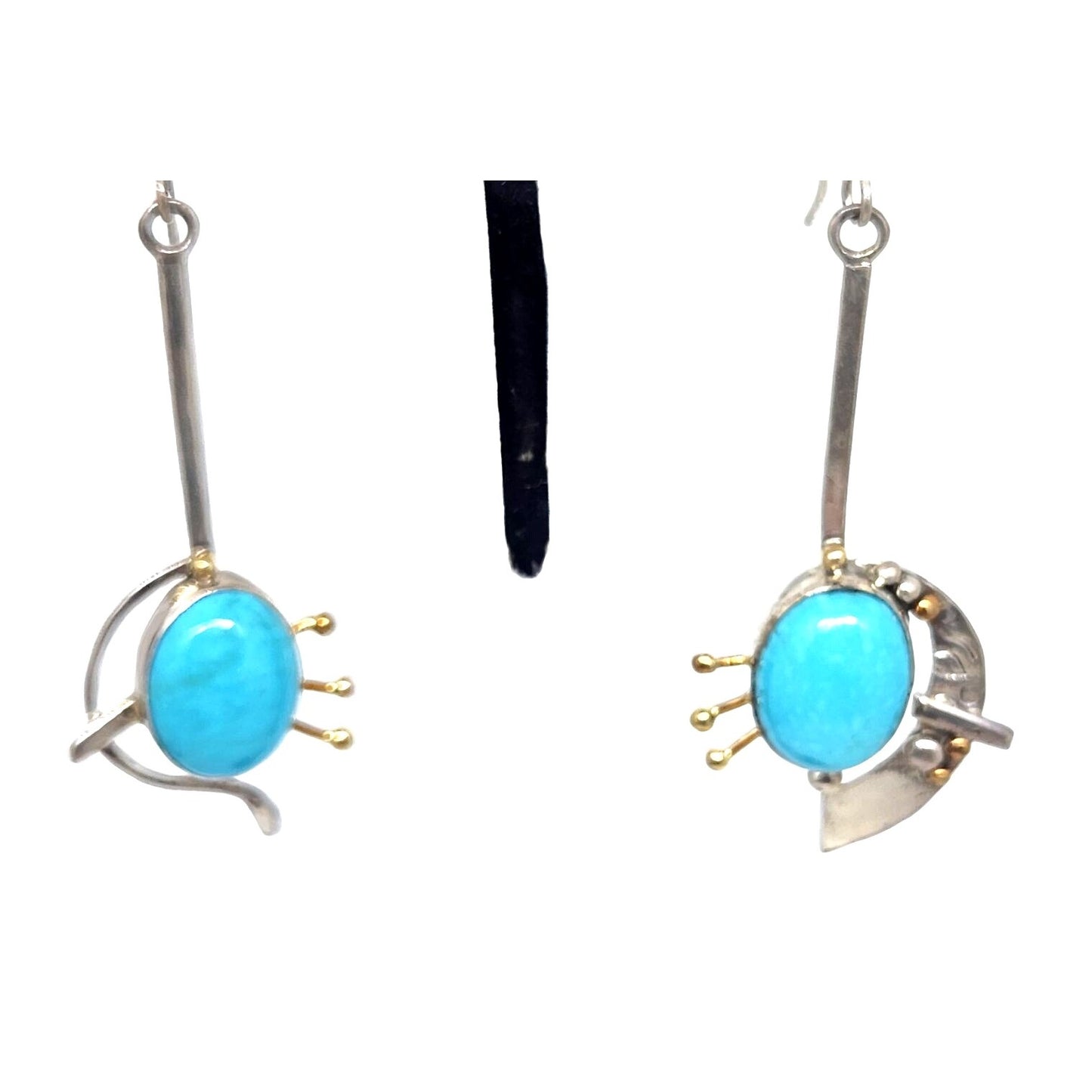 Sleeping Beauty Turquoise Earrings 10 Gr Silver Hooks Dangle Long 14K Gold Accents