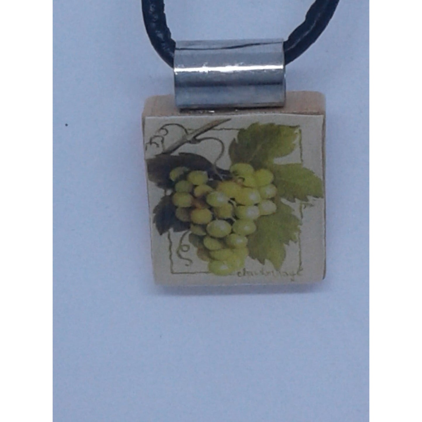 Necklace 1" Green Grape Cluster Wine Printed Scrabble Game Tile Leather Cord