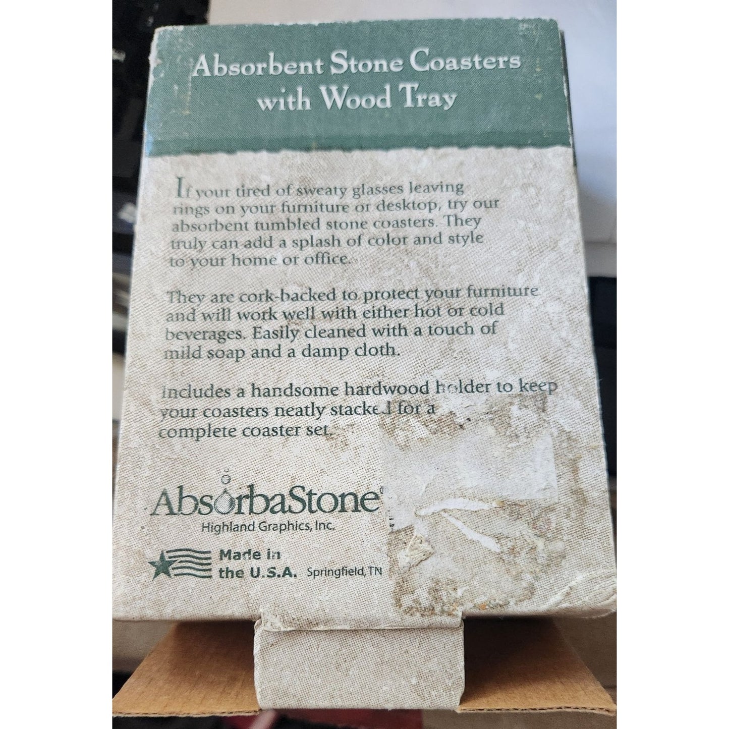 Absorbent Stone Coaster & Wood Tray Set of 4 Faberge Tiffany Cork Back