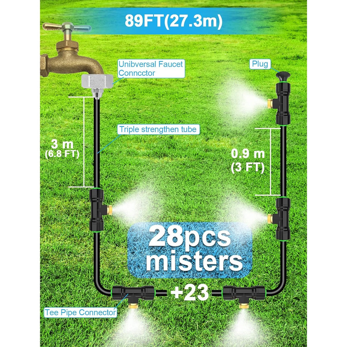 Misters for Outside Patio 89FT(27.3M)+34 Brass Mist Nozzles +a Brass Adapter(3/4") Detachable Outdoor misting Cooling System  Garden Lekit