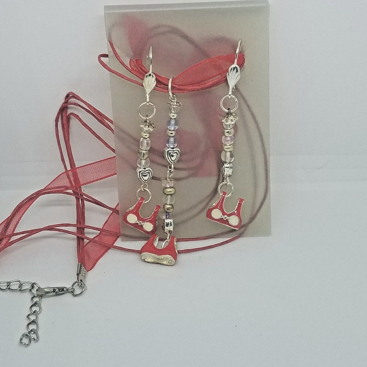 Necklace Earrings Bikini Bra Top 1/2 " Charm Clear Silver Beads Red Ribbon Cord
