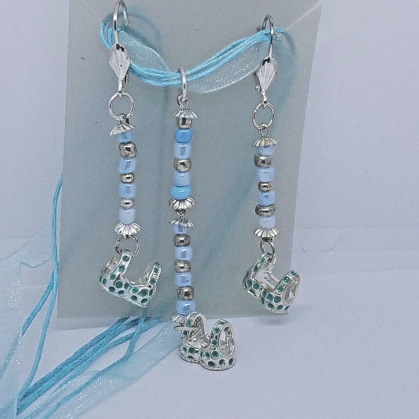 Necklace Earring Blue Bra Top 1/2 " Charm Silver Blue Bead Blue Ribbon Cord