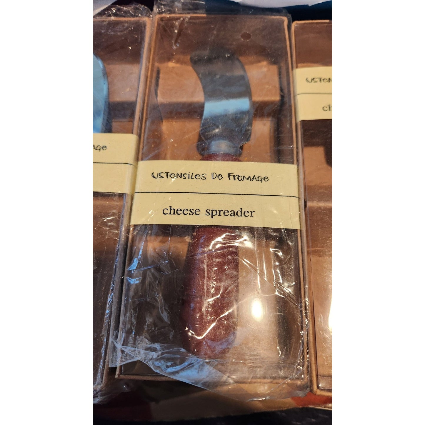 Cheese Spreader set of 12 Stainless 6" Long  2 1/2" Blade Red Brown Handle 3 1/2"
