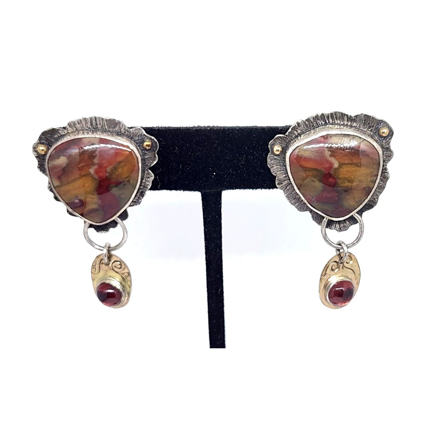 Earrings Silver Post Red Creek Jasper Mozambique Garnet 12.6 Gr 925 Silver 14K Gold