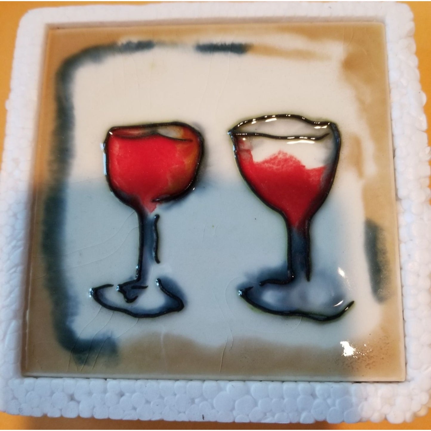 Art Tile 4" x 4" Muddy Waters Hand Painted 7A031 ArtWork on Tile Wine 3 Two Wine Glasses 1/2 " Ceramic Tile and backing