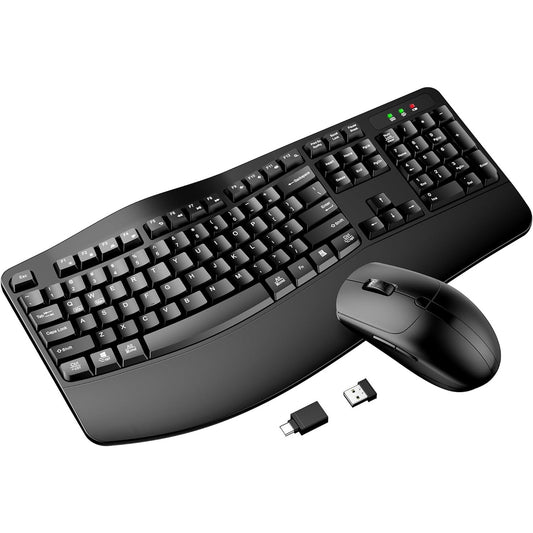 Wireless Keyboard and Mouse, Wireless Ergonomic Keyboard Wrist Rest 3 Level DPI Adjustable Wireless Mouse for Windows/MacO