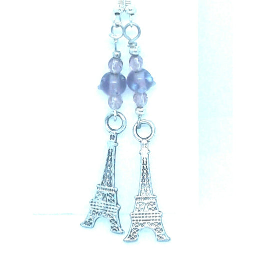 Earrings Paris Eiffel Tower 1 " Charm Brown Silver Beads Sterling Hook