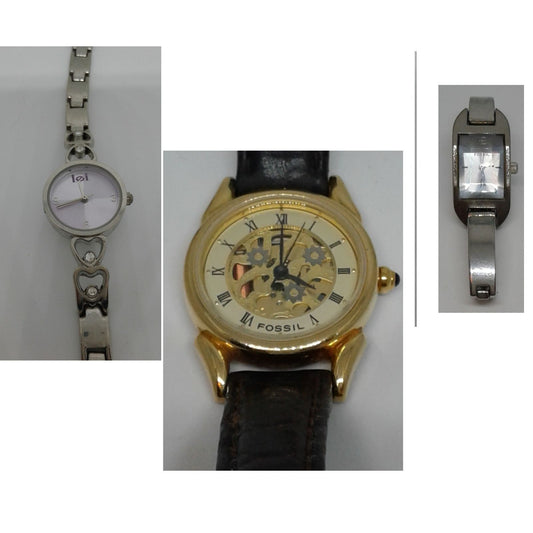 Watches set of 3 For Parts 2 Fossil  1 Silver 1 Gold Color and 1 Lei Round Face