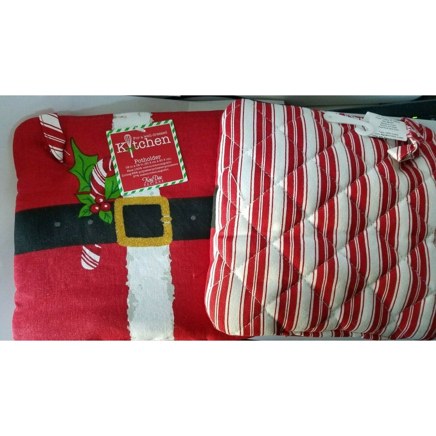 Kitchen Pot Holder KayDee Designs Santa Belt Candy Cane Striped Back Set of 2