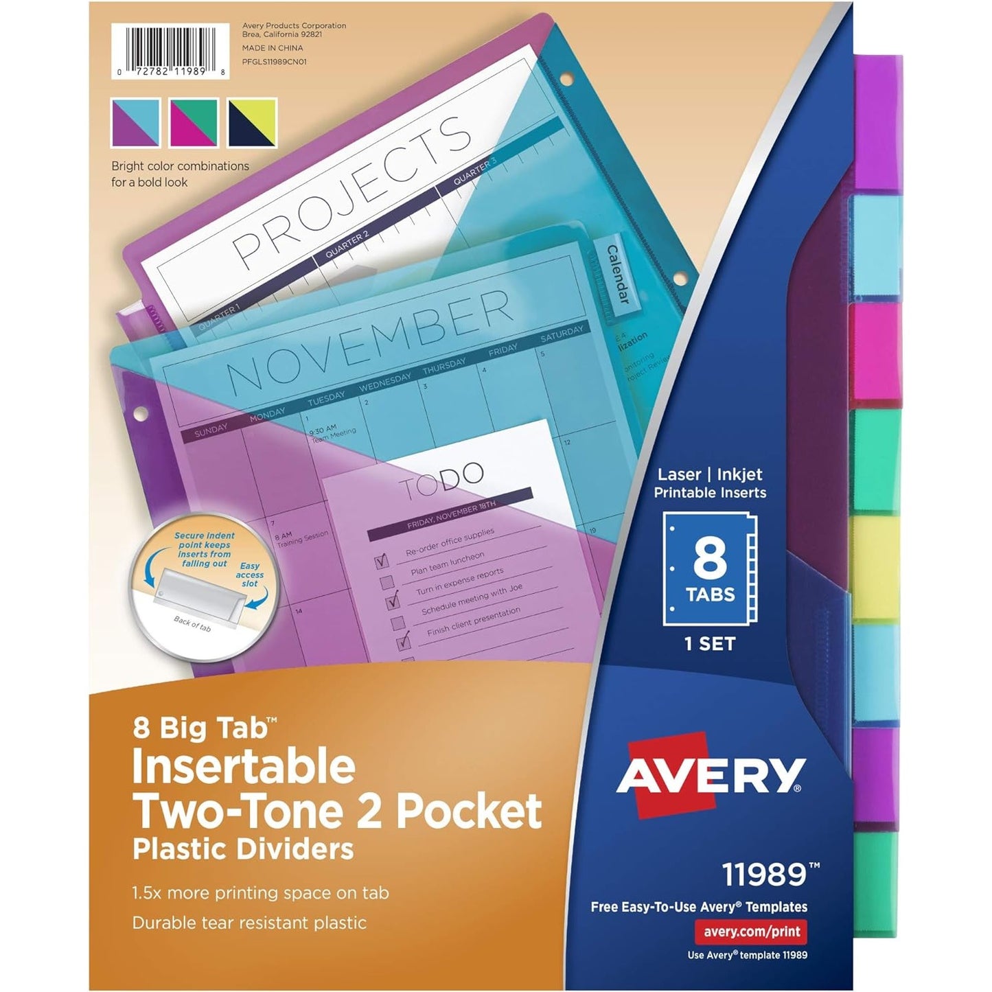 Avery Plastic 8-Tab Two-Tone Binder Dividers with Two Pockets, Insertable Bright Color Big Tabs, 1 Set (11989)