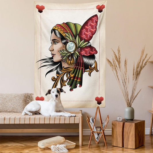 Ambesonne Trippy Art Tapestry, Deck Card Games Female Lady with Feather on Head Boho Graphic, Wall Hanging for Bedroom Living Room Dorm Deco