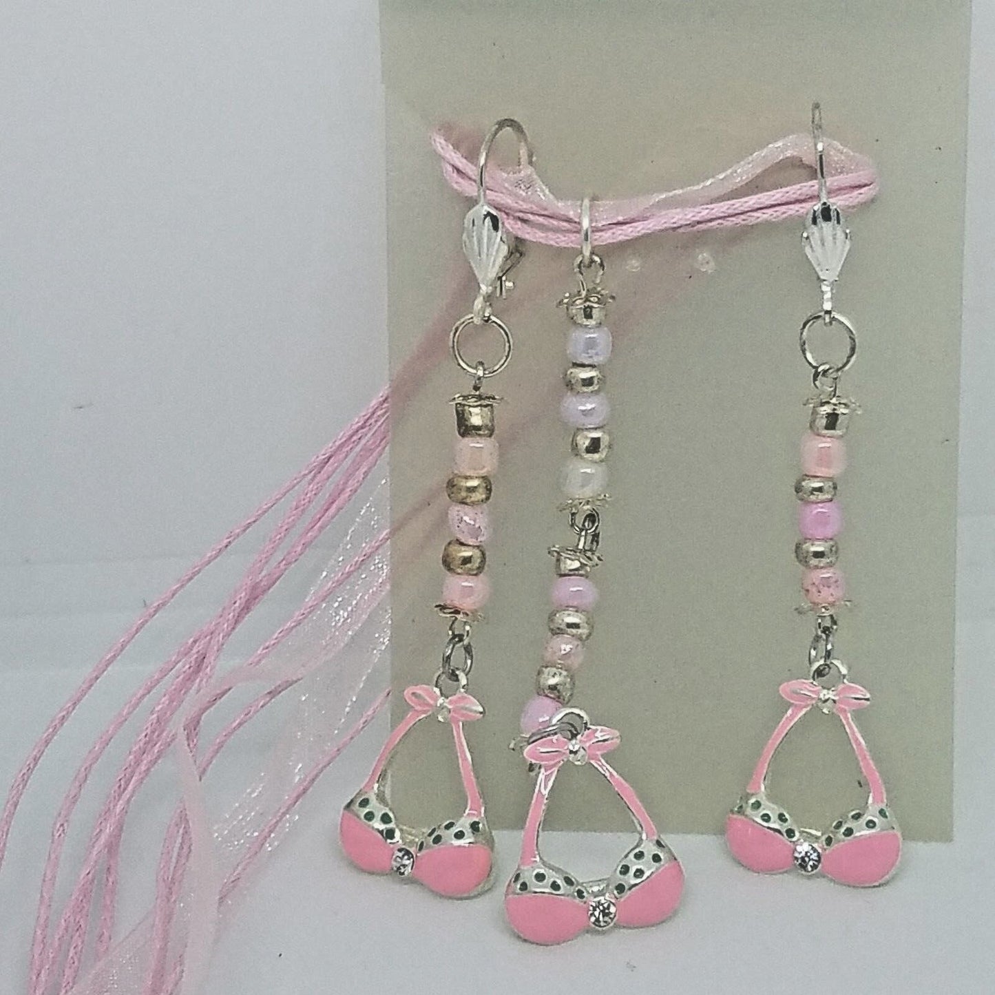 Necklace Earrings Bikini Bra Top 1/2 " Charm Pink Silver Beads Pink Ribbon Cord