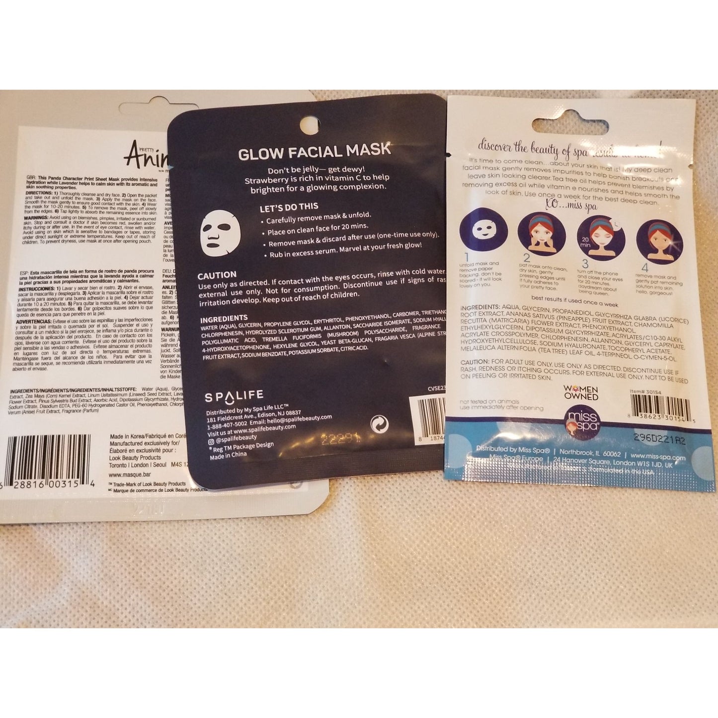 Set of 3 Face Masks 1 Each Miss Spa Deep Clean,  Spa Life Jelly Bean,, MasqueBar Pretty Animalz