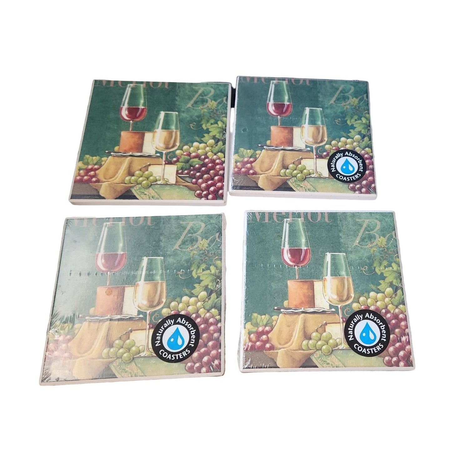 Naturally Absorbent Ceramic Set of 4 Coasters Wine Design Cork Backed 3 3/4" x 3 3/4"