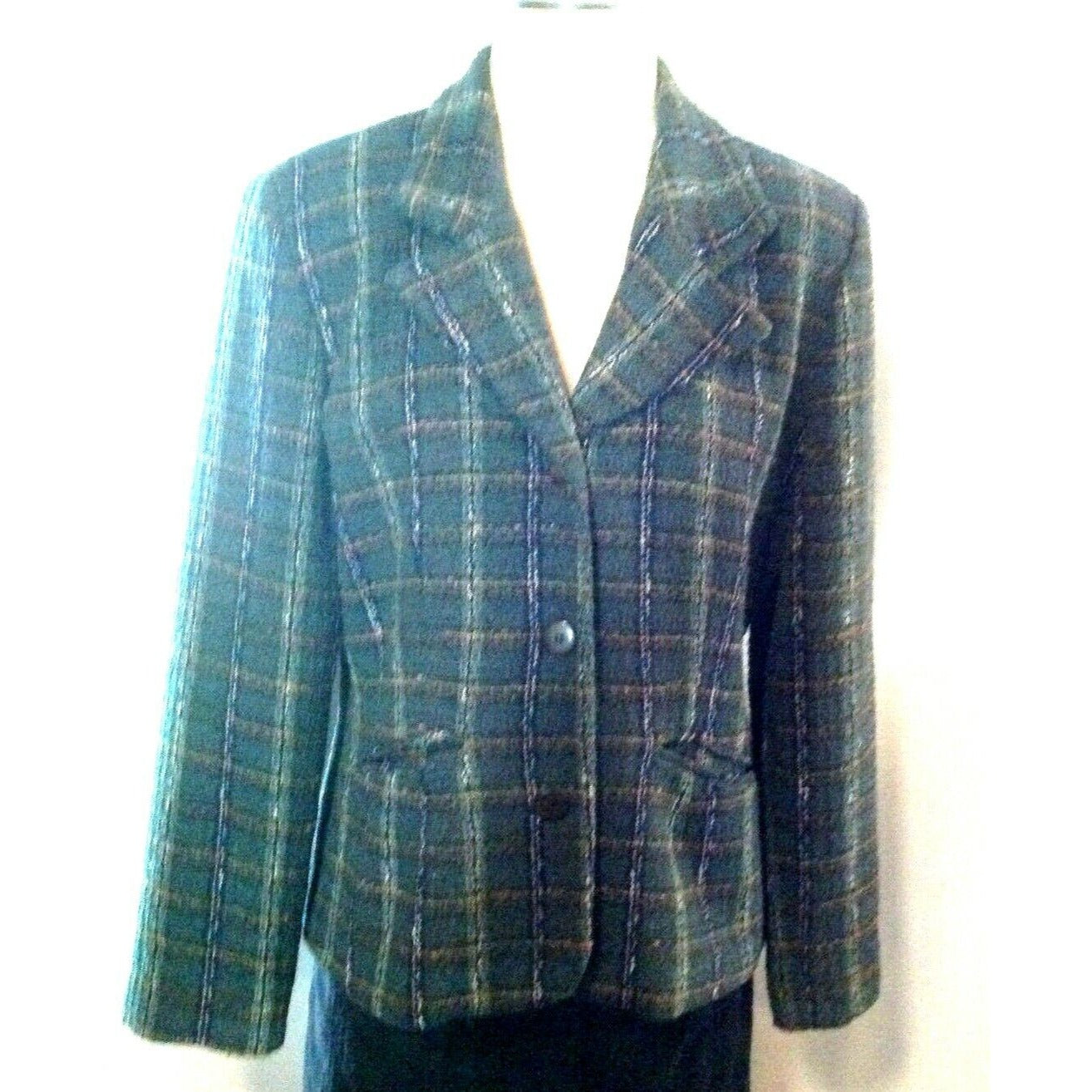 Jacket Women Hillard & Hanson Size 14 Green Plaid 3 Button Collar Long Sleeves