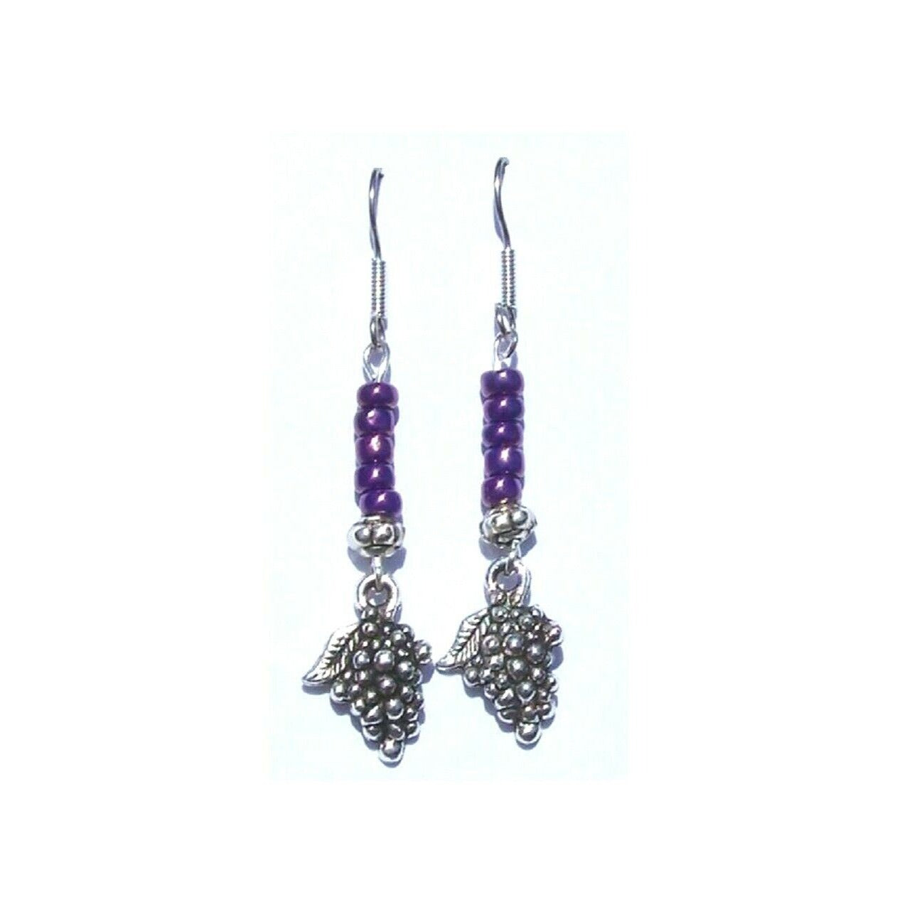 Earrings Metal Grape Cluster Charm Metallic Purple Silver Bead Sterling Wire