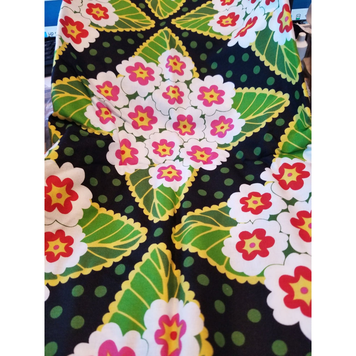 Material Black  Fabric Big Flowers Red White Green Leaves Fabric    46" x 36"   Cotton Craft Clothing fabric Joann  Fabric