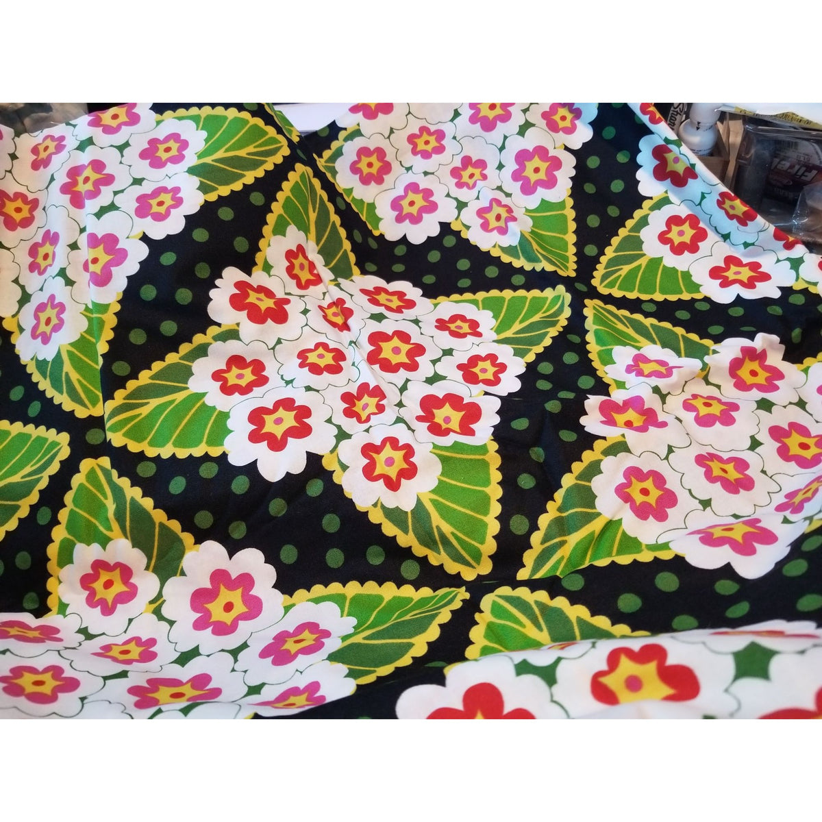 Material Black  Fabric Big Flowers Red White Green Leaves Fabric    46" x 36"   Cotton Craft Clothing fabric Joann  Fabric