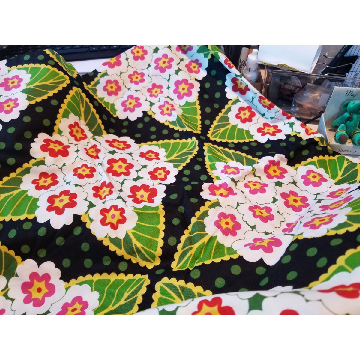 Material Black  Fabric Big Flowers Red White Green Leaves Fabric    46" x 36"   Cotton Craft Clothing fabric Joann  Fabric