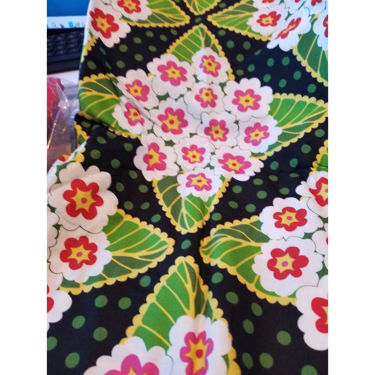 Material Black  Fabric Big Flowers Red White Green Leaves Fabric    46" x 36"   Cotton Craft Clothing fabric Joann  Fabric